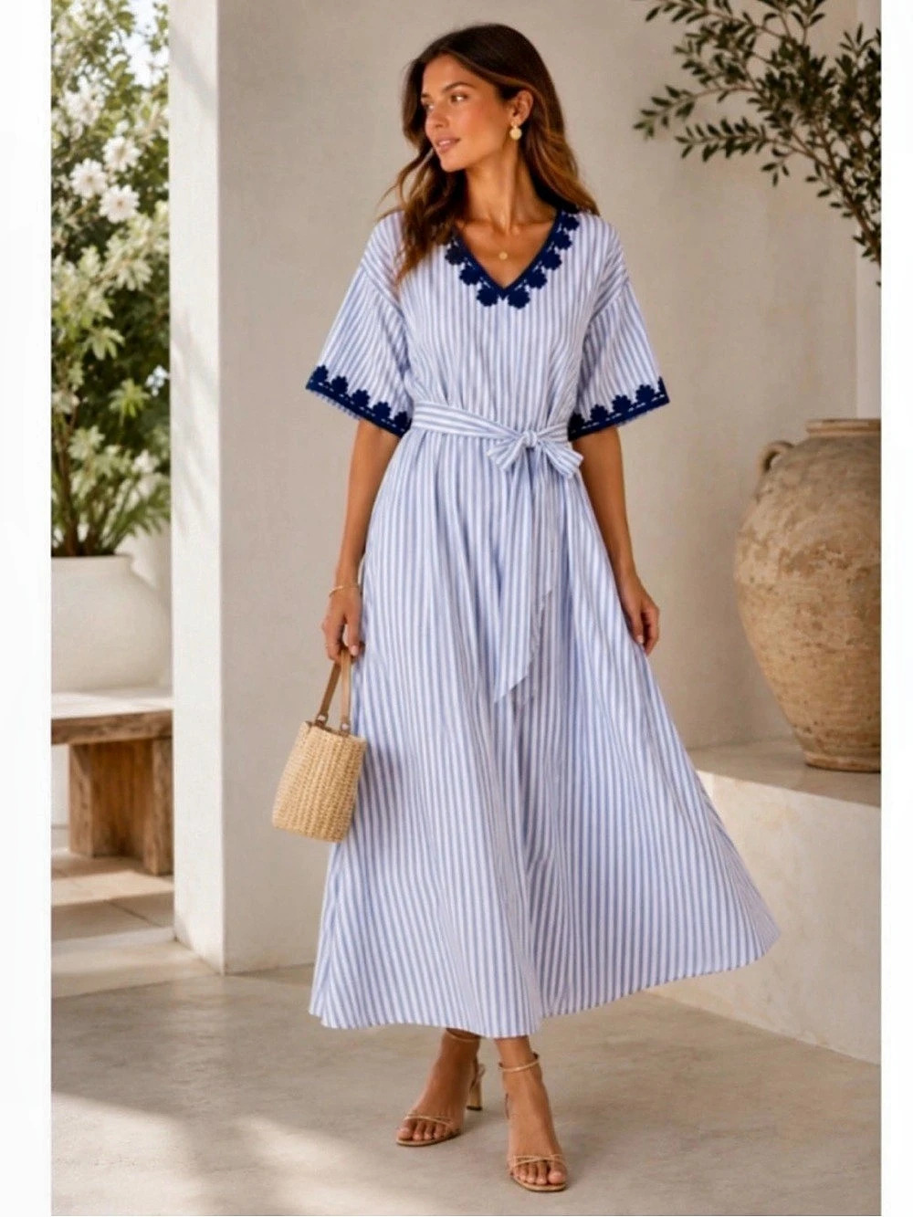 Tuckernuck Corfu Caftan 3XL Blue Stripe Navy Embroidered Maxi Dress NO TIE